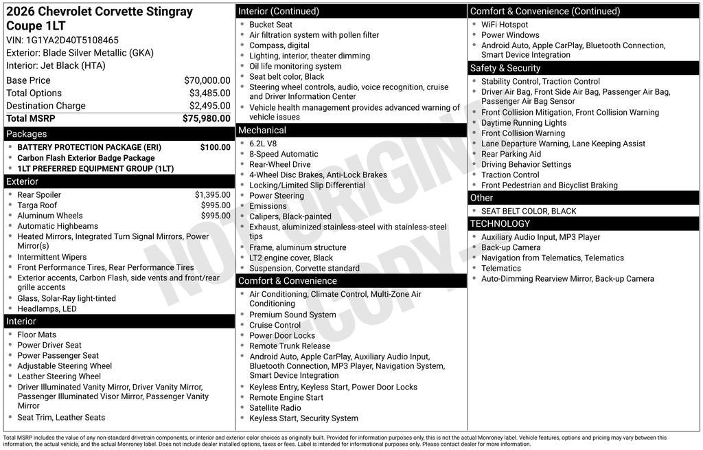 2026 Chevrolet Corvette Stingray 1LT