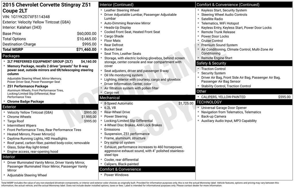 2015 Chevrolet Corvette Stingray Z51 2LT